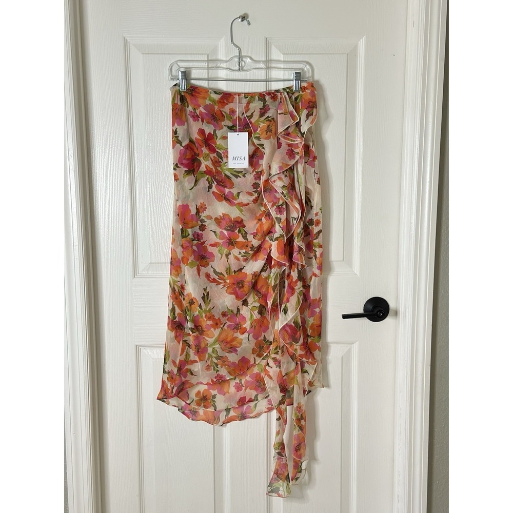 NWT MISA Los Angeles Floral Wrap Midi Skirt Size Medium Pink Orange Ruffle Hem